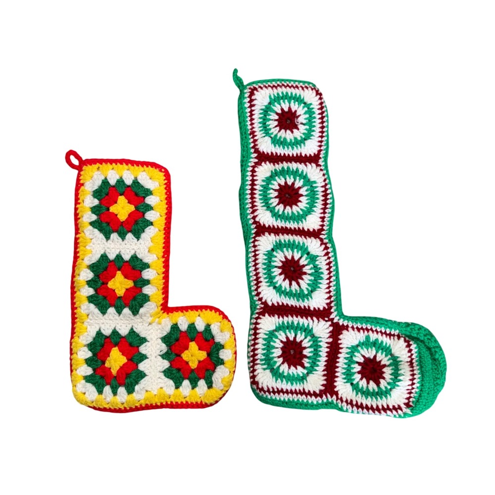 Handmade Crochet Christmas Stockings Set of 2 Unisex OS Multi Excellent Vintage